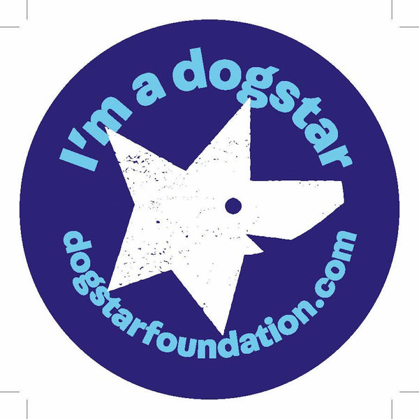 Dogstar Foundation circle car or window sticker , a dark blue background with the words I'm a dogstar and the dogstar logo